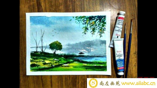 【视频】优美的湖边草地自然风光风景水彩画视频教程手绘画法步骤_