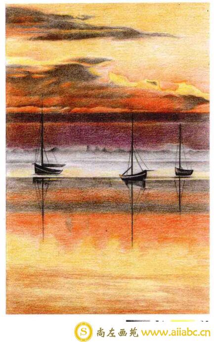 彩铅画海上日出