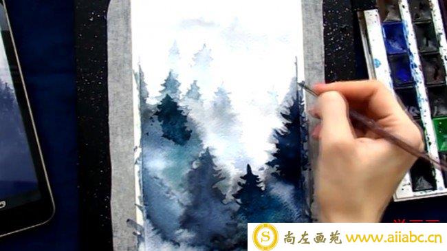 【视频】唯美意境山水水彩画视频教程 鸟儿飞过山峰树林水彩画画法怎么画_