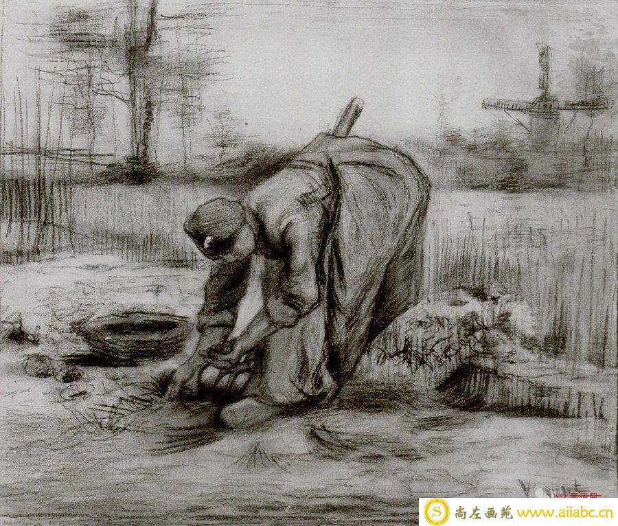 梵高动态速写素描作品：《挖土豆的农妇》