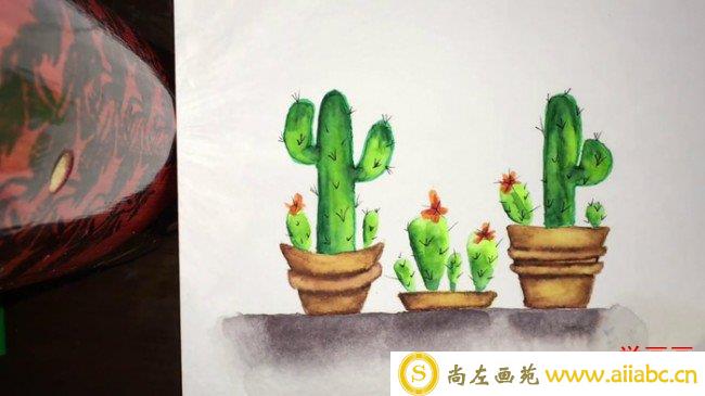 【视频】唯美而简单的带花盆的仙人掌水彩手绘视频教程 几盆仙人掌的画法_