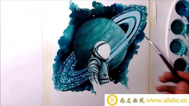 【视频】超唯美的星球宇航员水彩画手绘视频教程 星球心空科幻感觉_