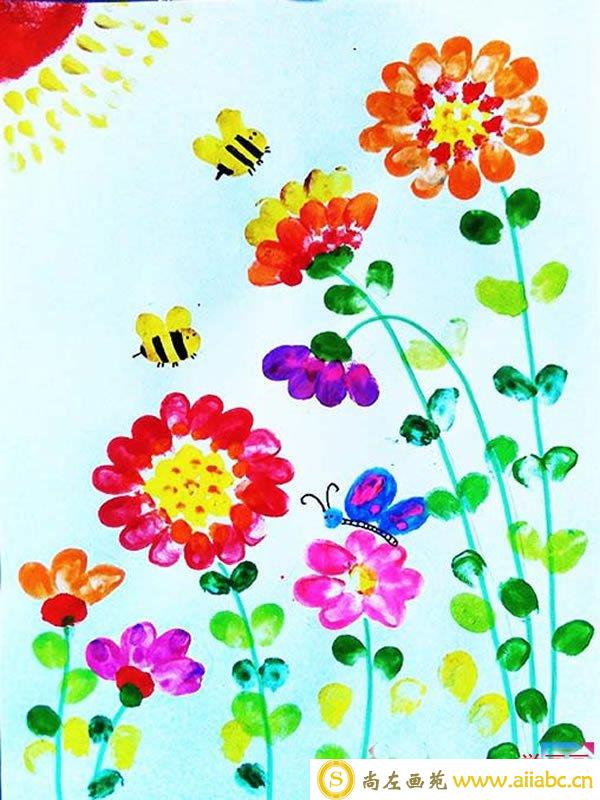 简单漂亮儿童手指画作品欣赏：五颜六色的花儿