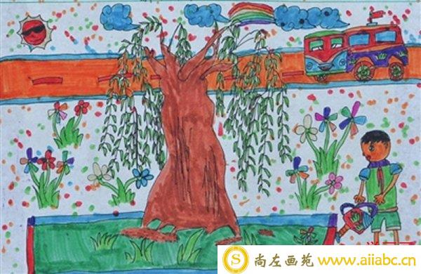 春天的柳树儿童画怎么画/水彩画图片