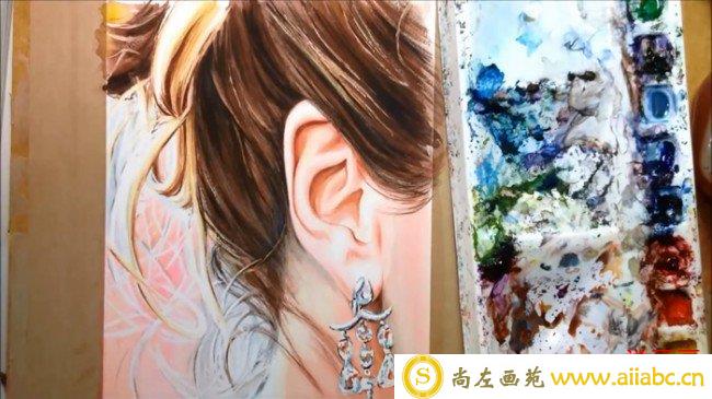 【视频】唯美好看的女生侧面水彩画手绘视频教程 丸子头侧面耳朵精细刻画_