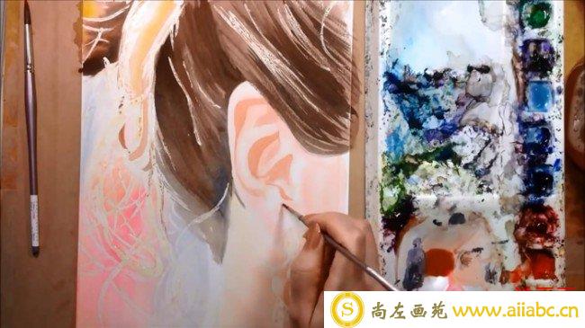 【视频】唯美好看的女生侧面水彩画手绘视频教程 丸子头侧面耳朵精细刻画_