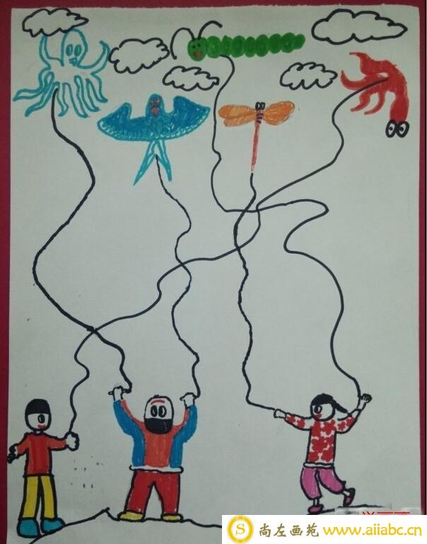 儿童画春天放风筝的图画/油画棒画图片