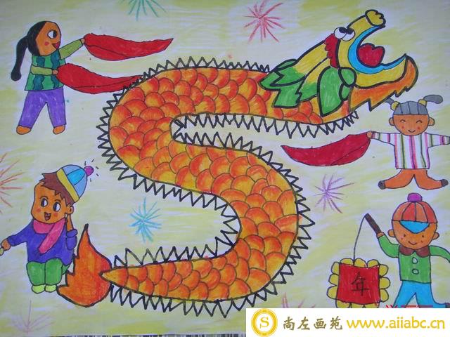 春节儿童画作品欣赏：中国传统节日儿童画舞龙