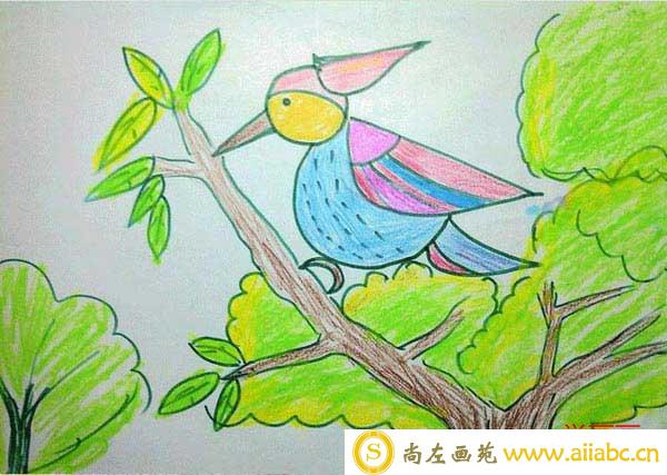 儿童画油画棒啄木鸟医生治病_简单的啄木鸟怎么画