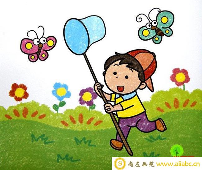 儿童油画棒画作品图片欣赏：春天捕蝴蝶的小男孩儿童画