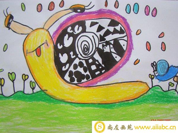 儿童画爬行的蜗牛蜡笔彩色画图片