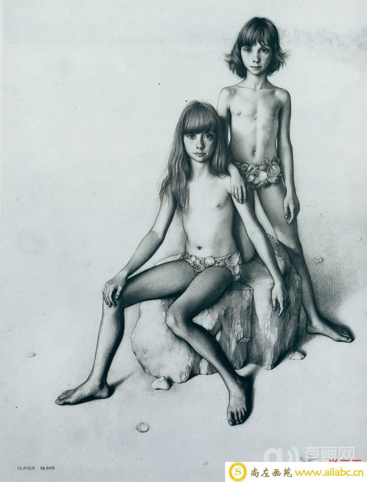 素描：两姐妹，画家： 克拉迪奥·布拉沃
