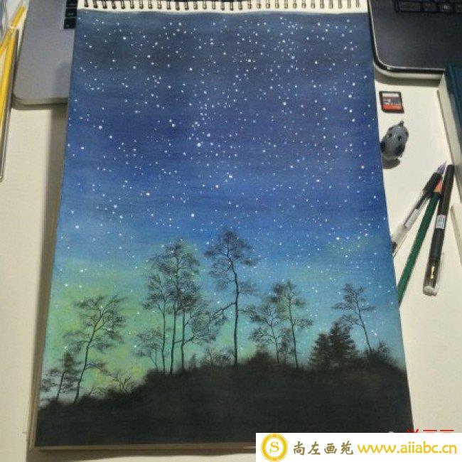 唯美的水彩星空液晶效果手绘教程图片 夜晚的星空水彩画画法 怎么画_
