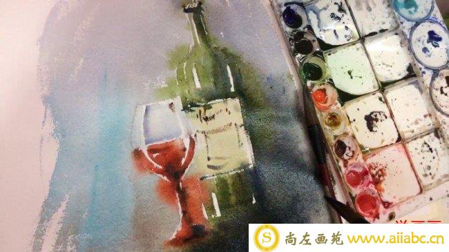 【视频】好看的红酒瓶与红酒杯水彩手绘视频教程 唯美的红酒水彩画_