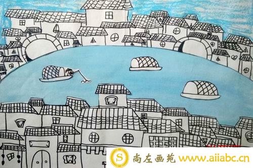 儿童线描+水粉画银奖作品：江南水乡，参赛年龄8岁