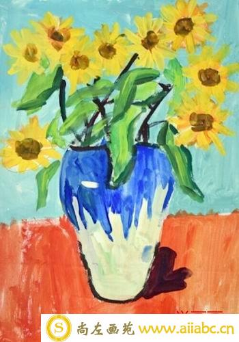 儿童水粉画金奖作品：《风中摇曳的小花》，参赛年龄8岁