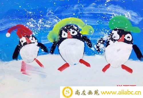儿童水粉画银奖作品：《冰上企鹅》，参赛年龄5岁