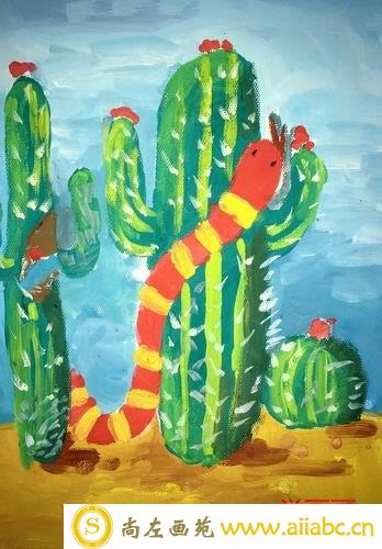 儿童水粉画银奖作品：《沙漠中的仙人掌》，参赛年龄6岁
