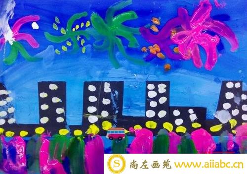 儿童水粉画金奖作品：《城市烟花》，参赛年龄6岁
