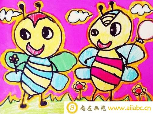 儿童水彩画优秀奖作品：   《 两只小蜜蜂》，参赛年龄5岁