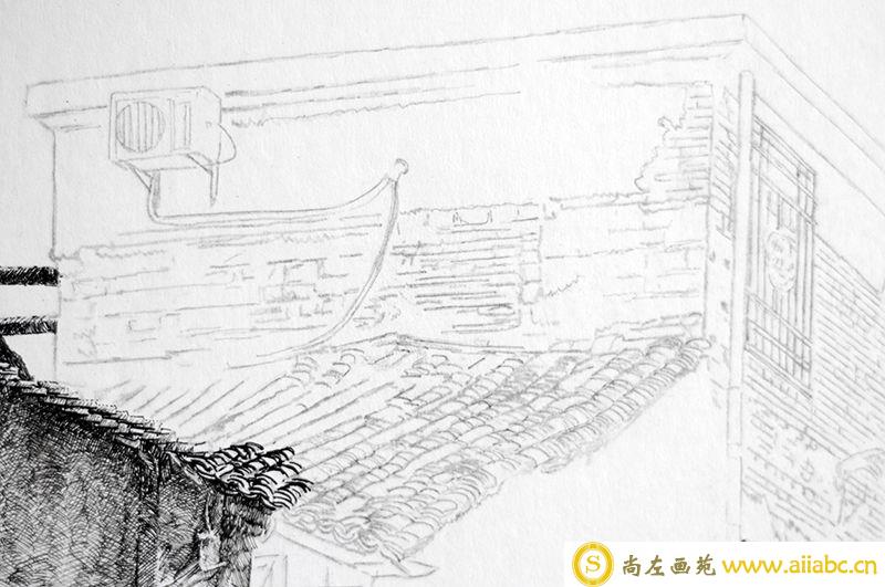 江南水乡钢笔风景速写：砖墙、灰墙及瓦屋的表现