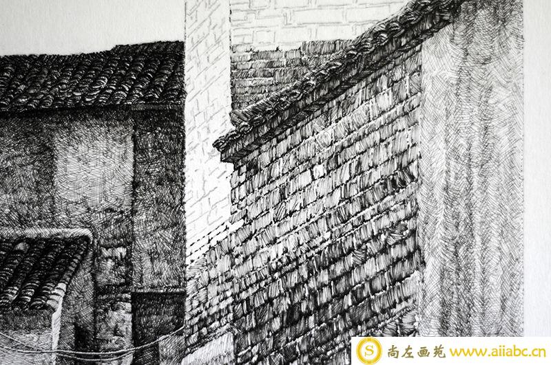 江南水乡钢笔风景速写：砖墙、灰墙及瓦屋的表现