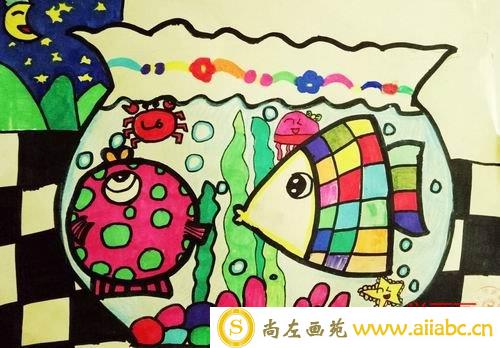 儿童水彩画金奖作品：《鱼缸里》，参赛年龄7岁