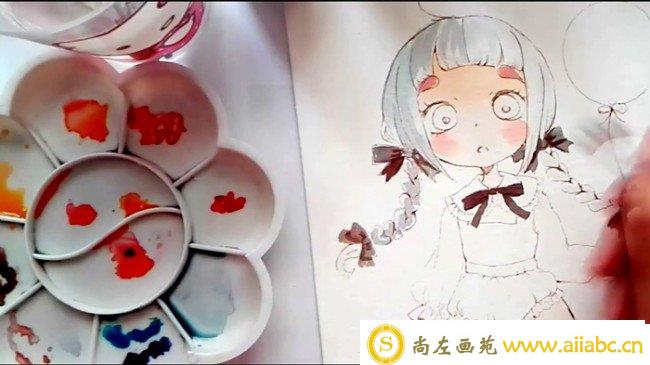 【视频】牵着气球的可爱小女孩水彩手绘视频教程 可爱小萝莉水彩画法_