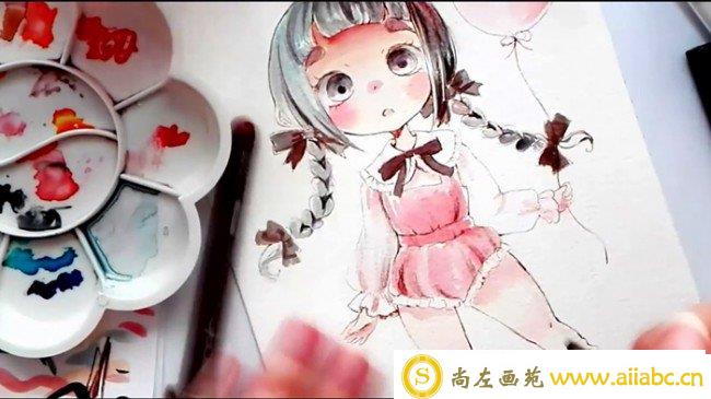 【视频】牵着气球的可爱小女孩水彩手绘视频教程 可爱小萝莉水彩画法_