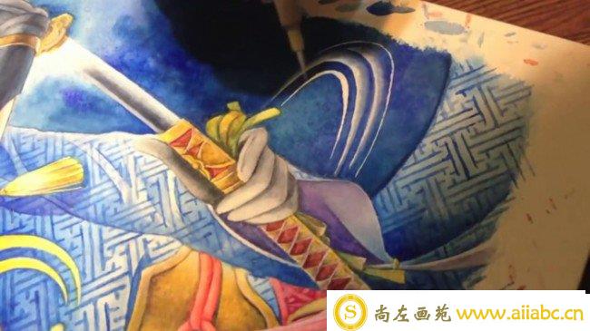 【视频】刀剑乱舞三日月宗近水彩画视频手绘教程 画法过程演示_