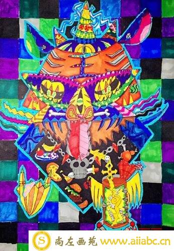 儿童彩色水彩笔画特别金奖作品：老虎的霸气，参赛年龄12岁