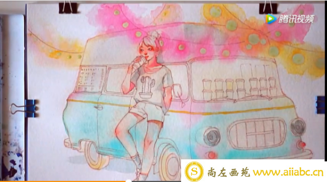靠在巴车上的女孩超美水彩手绘教程_