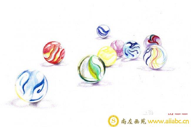 小时候玩的玻璃弹珠彩铅画教程 手绘步骤过程图片 玻璃珠怎么画 玻璃球画法_