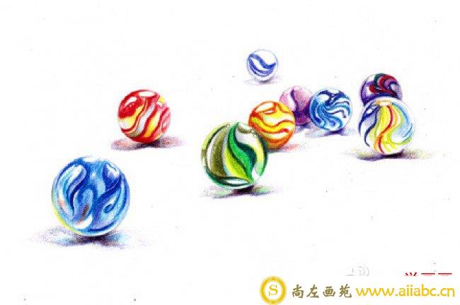 小时候玩的玻璃弹珠彩铅画教程 手绘步骤过程图片 玻璃珠怎么画 玻璃球画法_