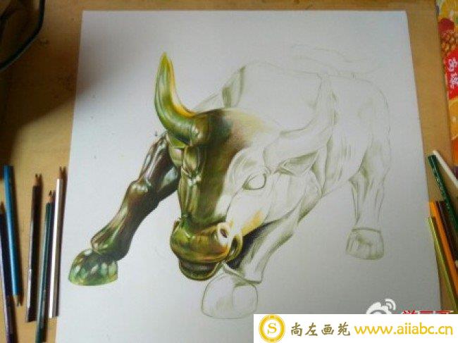 股市金牛铜牛彩铅画教程 手绘步骤图片 铜牛的彩铅画画法 怎么画_
