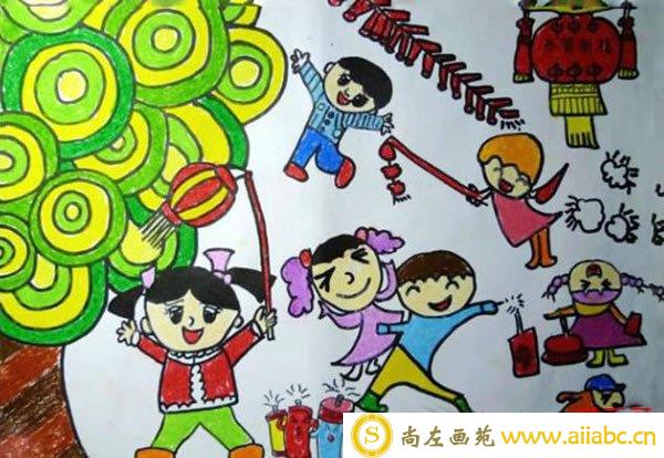 过新年放鞭炮儿童画 儿童画过新年的图画美术作品