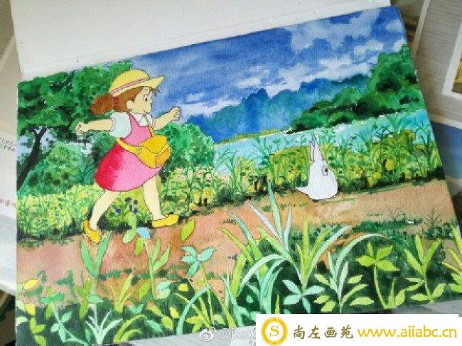 《龙猫》小梅和多多洛水彩画手绘教程图片 开心快乐的小梅和多多洛水彩画_