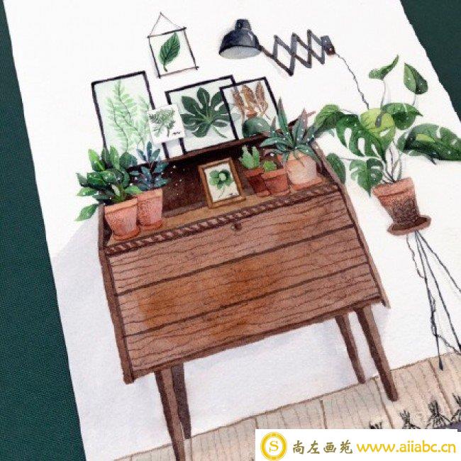 居家一角水彩画手绘图片素材 椅子,沙发,柜子水彩画图片作品_