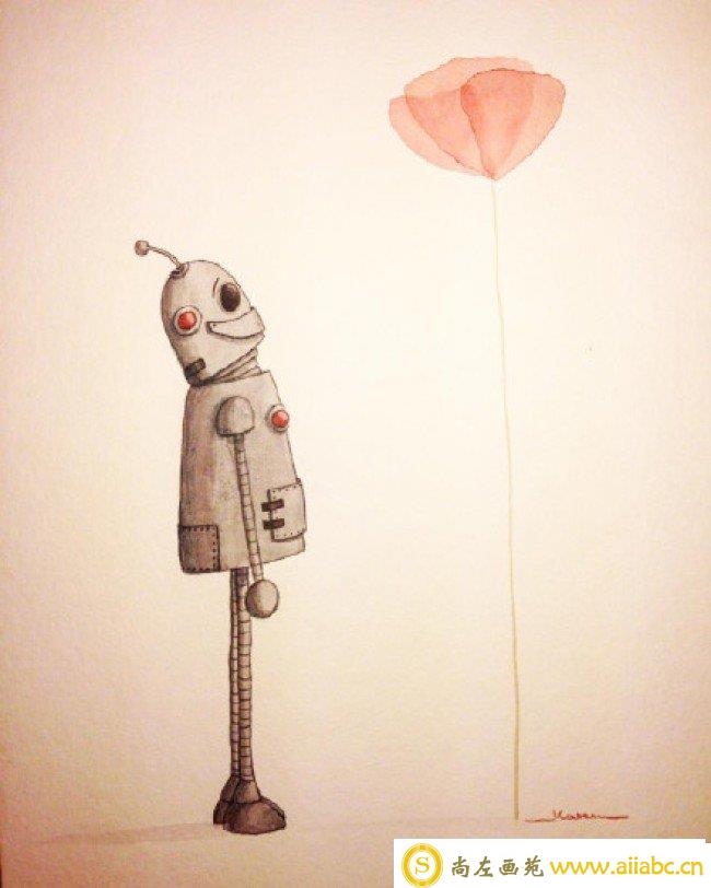 开心快乐的机器人水彩画手绘教程图片 可爱的机器人水彩画画法 怎么画_