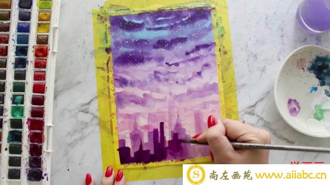 【视频】唯美的星空下城市风景水彩画视频教程 画法步骤怎么画教程_