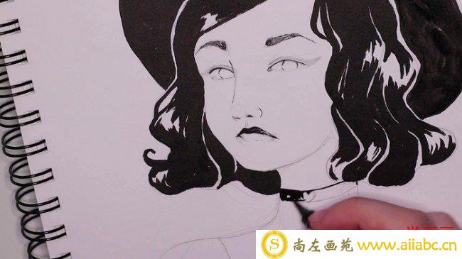 【视频】很有感觉的黑白美女插画手绘视频教程 带帽子的气质女生水彩_