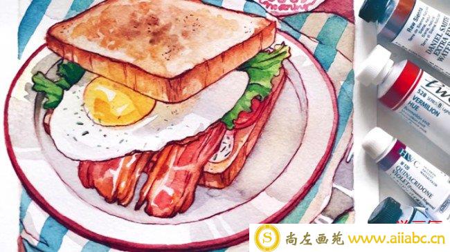 【视频】美味可口爱心早餐美食水彩画画法 面包鸡蛋咖啡画法_