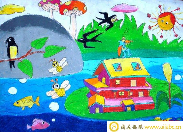 儿童画春天燕子小鱼蜜蜂小房子作品欣赏