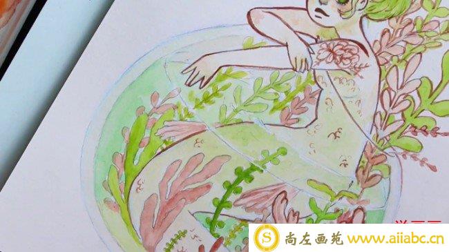 【视频】瓶子鱼缸里的人鱼姑娘水彩画视频教程 插画画法步骤_