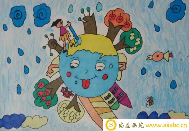 世界地球日主题儿童画作品赏析 - 保卫地球共创碧海蓝天