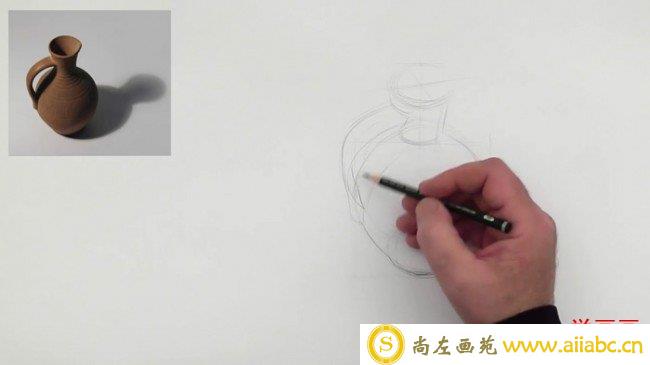 【视频】带把手的陶瓷罐子素描打形起形过程演示 陶罐素描手绘视频教程_