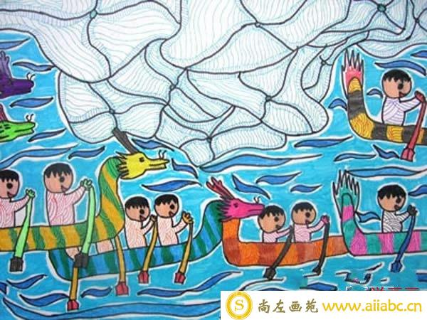 关于端午节划龙舟的场景儿童画 - 龙舟赛