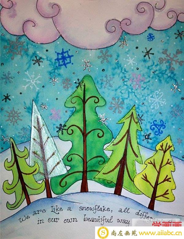 奇幻的冬天森林雪景儿童风景画/水彩画图片