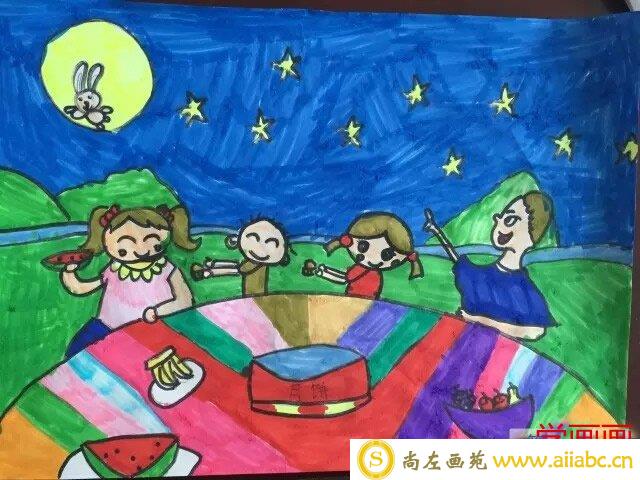 中秋节吃月饼赏月儿童画 关于中秋节的画