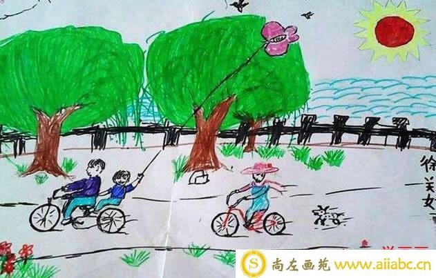清明节踏青主题儿童画 - 清明郊游放风筝